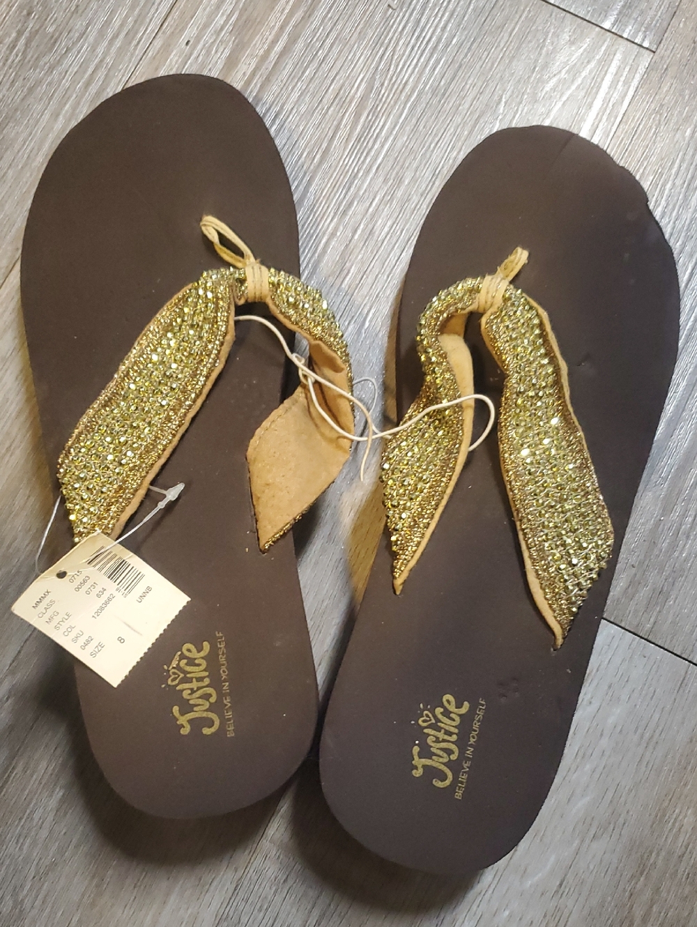 Justice Girls Gold Glitter Strap Flip Flop Sandals, Size 8